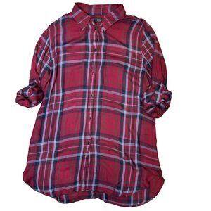 Women's Ralph Lauren Medium Tunic Button Up Top Red Plaid Viscose Flannel Shirt